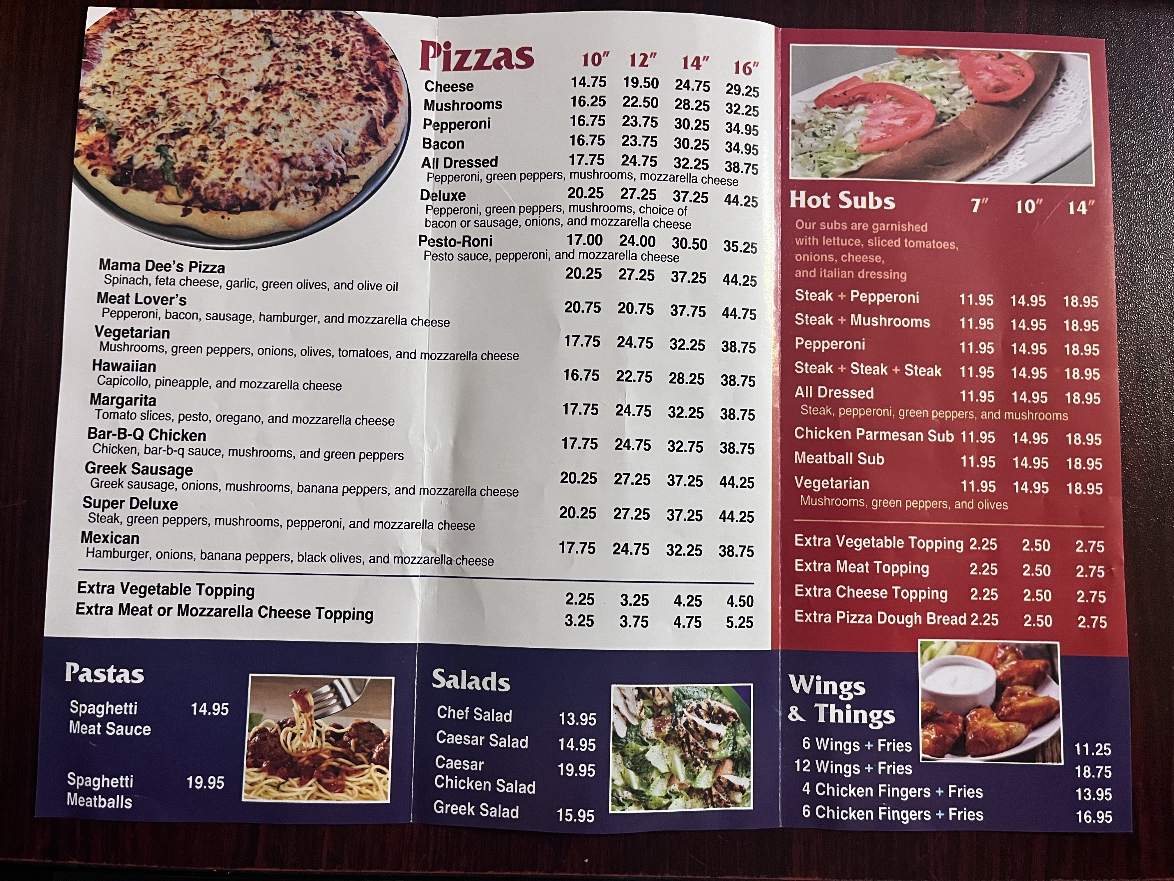 Printed menu back: pizzas, hot subs, pastas, salads, and wings