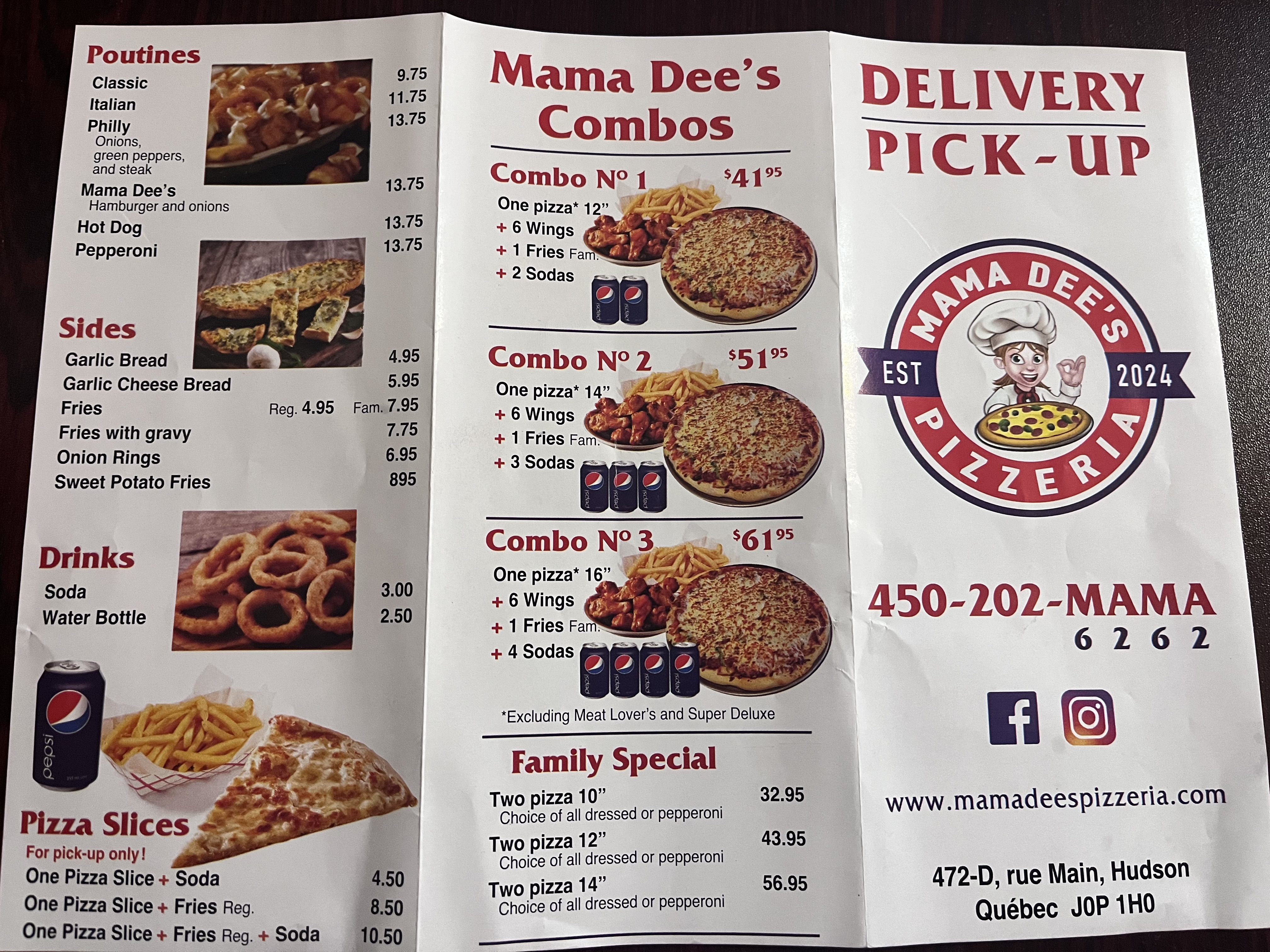 Printed menu front: poutines, sides, drinks, slices, combos, and family specials