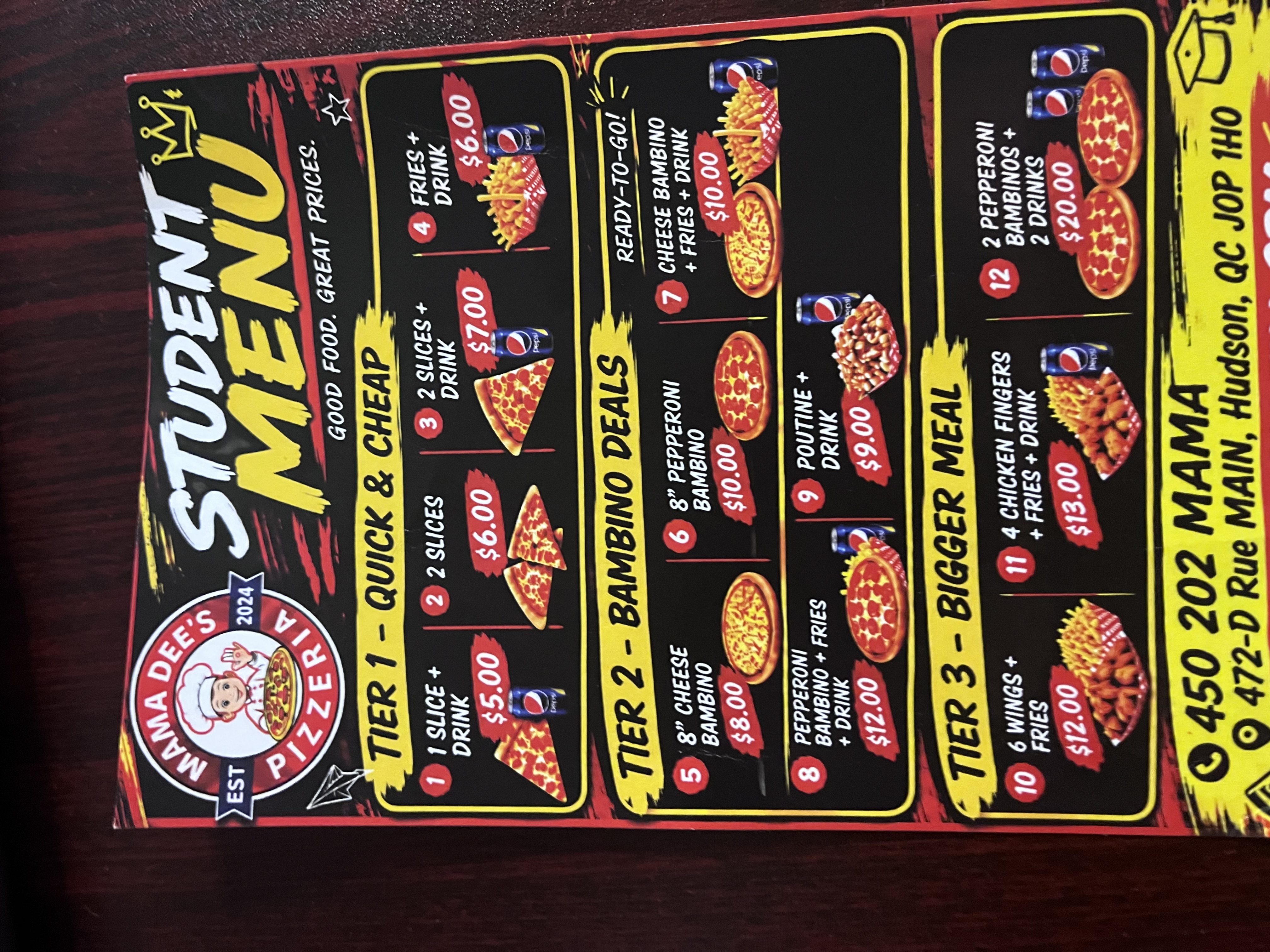 Printed student menu: tiers one through three, twelve numbered deals